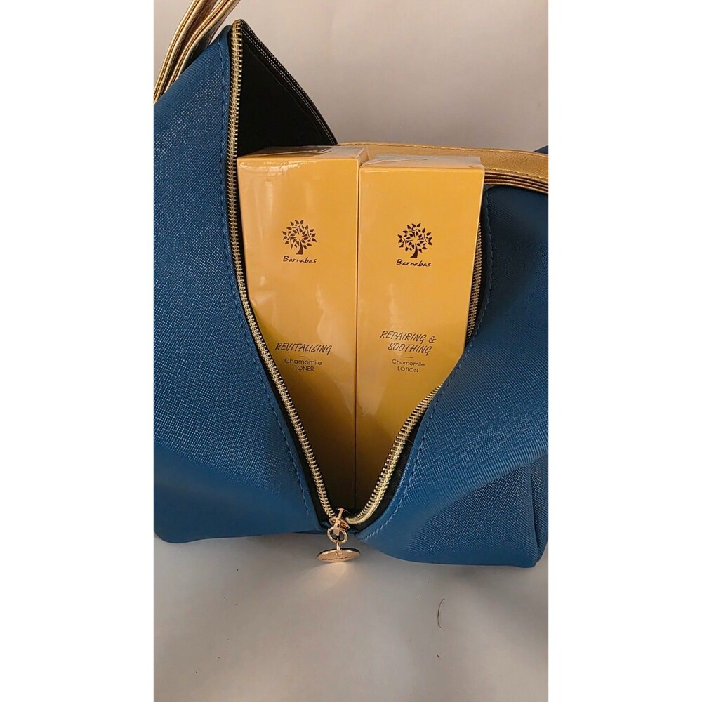 Barnabas Beauty Skin Care Duo- Toner And Lotion With Blue & Gold Travel Bag